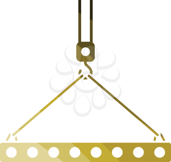 Icon of slab hanged on crane hook by rope slings . Flat color design. Vector illustration.