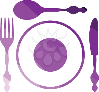 Silverware and plate icon . Flat color design. Vector illustration.