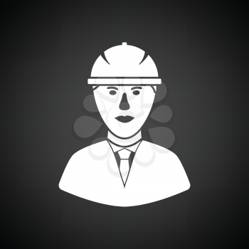 Icon of construction worker head in helmet. Black background with white. Vector illustration.