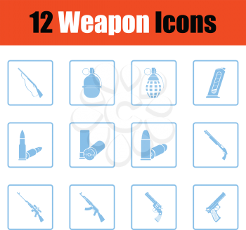 Set of twelve weapon icons. Blue frame design. Vector illustration.