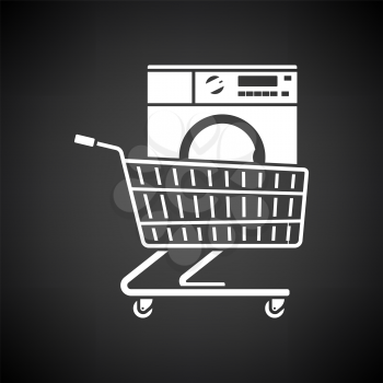 Shopping Cart With Washing Machine Icon. White on Black Background. Vector Illustration.