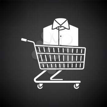 Shopping Cart With Clothes (Shirt) Icon. White on Black Background. Vector Illustration.