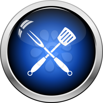 Crossed Frying Spatula And Fork Icon. Glossy Button Design. Vector Illustration.