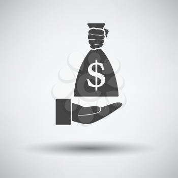 Hand Holding The Money Bag Icon. Dark Gray on Gray Background With Round Shadow. Vector Illustration.