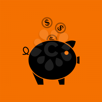 Golden Coins Fall In Piggy Bank Icon. Black on Orange Background. Vector Illustration.