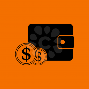 Two Golden Coins In Front Of Purse Icon. Black on Orange Background. Vector Illustration.