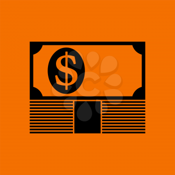 Banknote On Top Of Money Stack Icon. Black on Orange Background. Vector Illustration.