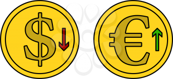 Falling Dollar And Growth Up Euro Coins Icon. Editable Outline With Color Fill Design. Vector Illustration.