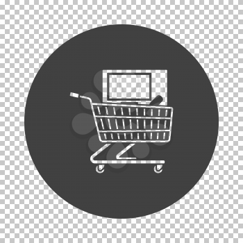 Shopping Cart With PC Icon. Subtract Stencil Design on Tranparency Grid. Vector Illustration.
