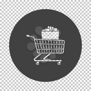 Shopping Cart With Bag Of Food Icon. Subtract Stencil Design on Tranparency Grid. Vector Illustration.