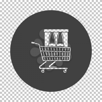 Shopping Cart With Shoes In Box Icon. Subtract Stencil Design on Tranparency Grid. Vector Illustration.