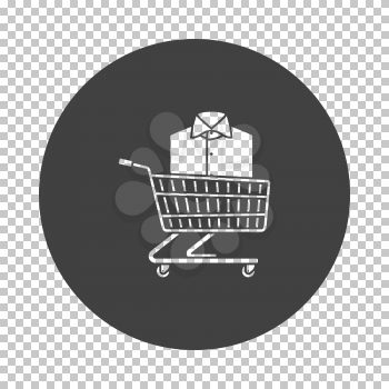 Shopping Cart With Clothes (Shirt) Icon. Subtract Stencil Design on Tranparency Grid. Vector Illustration.