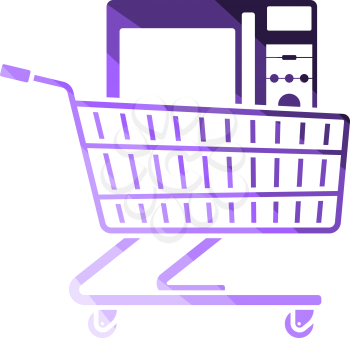 Shopping Cart With Microwave Oven Icon. Flat Color Ladder Design. Vector Illustration.