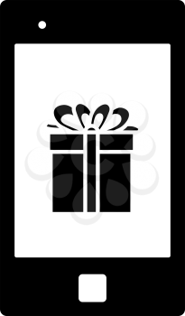 Smartphone With Gift Box On Screen Icon. Black Stencil Design. Vector Illustration.