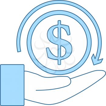 Cash Back Coin To Hand Icon. Thin Line With Blue Fill Design. Vector Illustration.