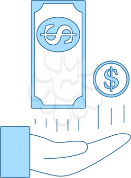 Cash Back To Hand Icon. Thin Line With Blue Fill Design. Vector Illustration.