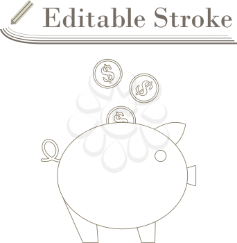 Golden Coins Fall In Piggy Bank Icon. Editable Stroke Simple Design. Vector Illustration.
