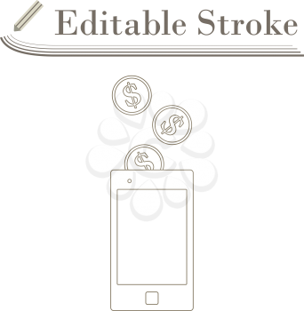 Golden Coins Fall In Smartphone Icon. Editable Stroke Simple Design. Vector Illustration.