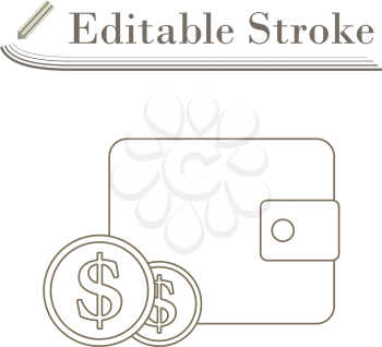 Two Golden Coins In Front Of Purse Icon. Editable Stroke Simple Design. Vector Illustration.