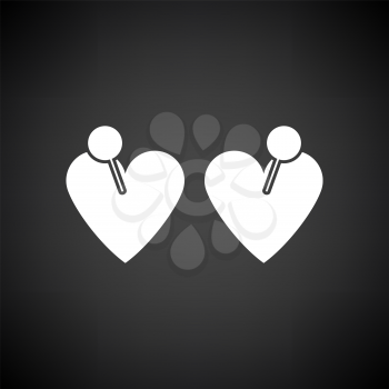 Two Valentines Heart With Pin Icon. White on Black Background. Vector Illustration.