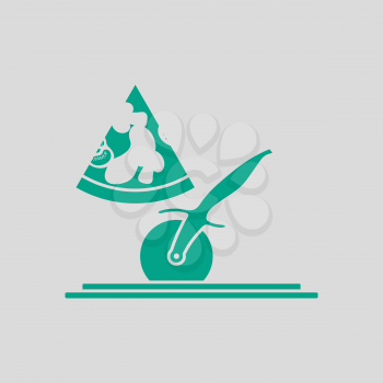 Pizza With Knife Icon. Green on Gray Background. Vector Illustration.