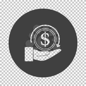 Cash Back Coin To Hand Icon. Subtract Stencil Design on Tranparency Grid. Vector Illustration.