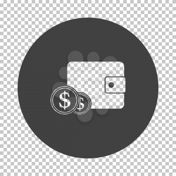 Two Golden Coins In Front Of Purse Icon. Subtract Stencil Design on Tranparency Grid. Vector Illustration.