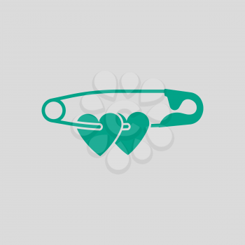Two Valentines Heart With Pin Icon. Green on Gray Background. Vector Illustration.