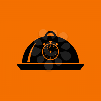 Cloche With Stopwatch Icon. Black on Orange Background. Vector Illustration.