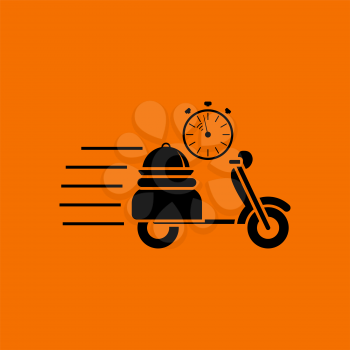 Restaurant Scooter Delivery Icon. Black on Orange Background. Vector Illustration.