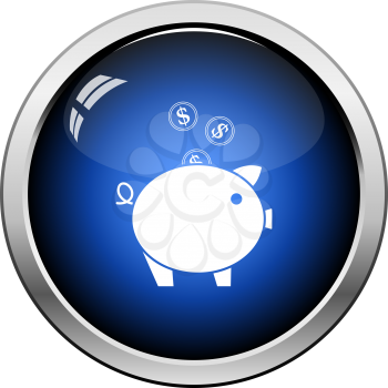 Golden Coins Fall In Piggy Bank Icon. Glossy Button Design. Vector Illustration.