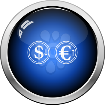 Falling Dollar And Growth Up Euro Coins Icon. Glossy Button Design. Vector Illustration.