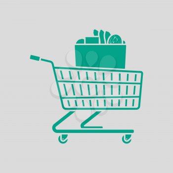 Shopping Cart With Bag Of Food Icon. Green on Gray Background. Vector Illustration.