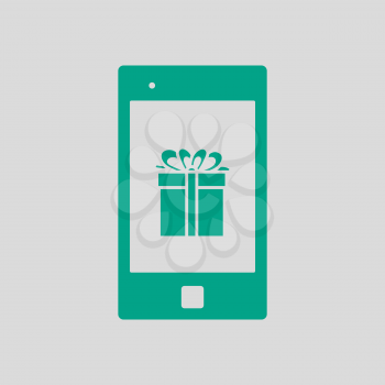 Smartphone With Gift Box On Screen Icon. Green on Gray Background. Vector Illustration.