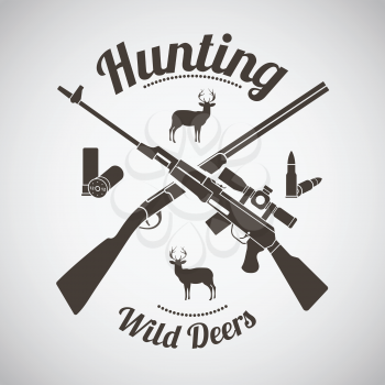 Hunting Vintage Emblem. Crossed Hunting Gun And Rifle With Ammo and Deers Silhouettes.  Dark Brown Retro Style.  Vector Illustration. 