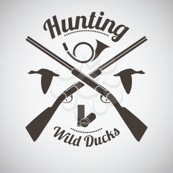 Hunting Vintage Emblem. Cross Hunting Gun With Ammo, Hunting Horn and Flying Ducks Silhouettes. Dark Brown Retro Style.  Vector Illustration. 