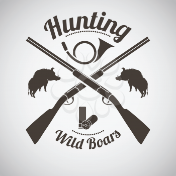 Hunting Vintage Emblem. Cross Hunting Gun With Ammo, Hunting Horn and Boars Silhouettes. Dark Brown Retro Style.  Vector Illustration. 