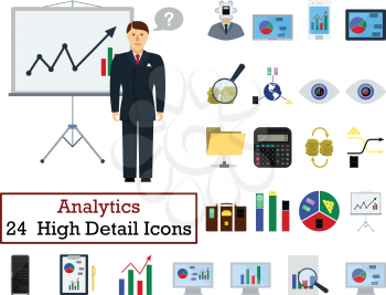 Set of 24  Analytics  Icons. Flat color design. Vector illustration.