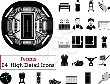 Set of 24 Tennis Icons. Monochrome color design. Vector illustration.