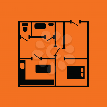 Icon of apartment plan. Orange background with black. Vector illustration.