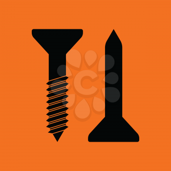 Icon of screw and nail. Orange background with black. Vector illustration.
