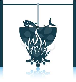 Icon of fire and fishing pot. Shadow reflection design. Vector illustration.