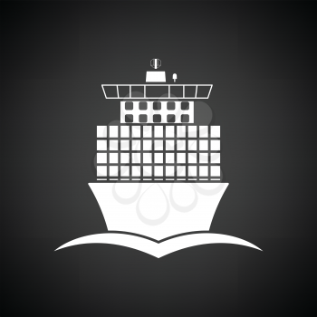 Container ship icon front view. Black background with white. Vector illustration.