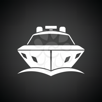 Motor yacht icon front view. Black background with white. Vector illustration.
