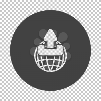 Globe with upload symbol icon. Subtract stencil design on tranparency grid. Vector illustration.