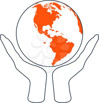 Hands Holding Planet Icon. Thin Line With Red Fill Design. Vector Illustration.