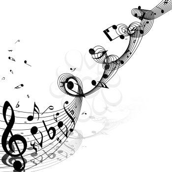Musical Design From Music Staff Elements With Treble Clef And Notes With Copy Space. Shadow With Transparency;  Elegant Creative Design Isolated on White. Vector Illustration.