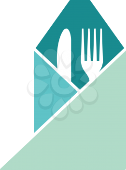 Fork and knife wrapped napkin icon. Stencil in blue and yellow tone. Vector illustration.