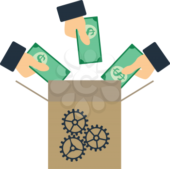 Crowdfunding Icon. Hands Put Money in Crowdfunding Box. Flat color design. Startup series. Vector illustration.