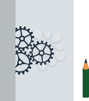 Product Development Icon. Drawing With Gears and Pencil. Flat color design. Startup series. Vector illustration.